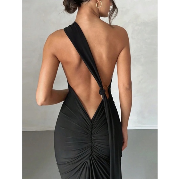 Black Maxi Long Sheath Dress One Shoulder Long Strap  Ruched Back - Picture 4 of 16